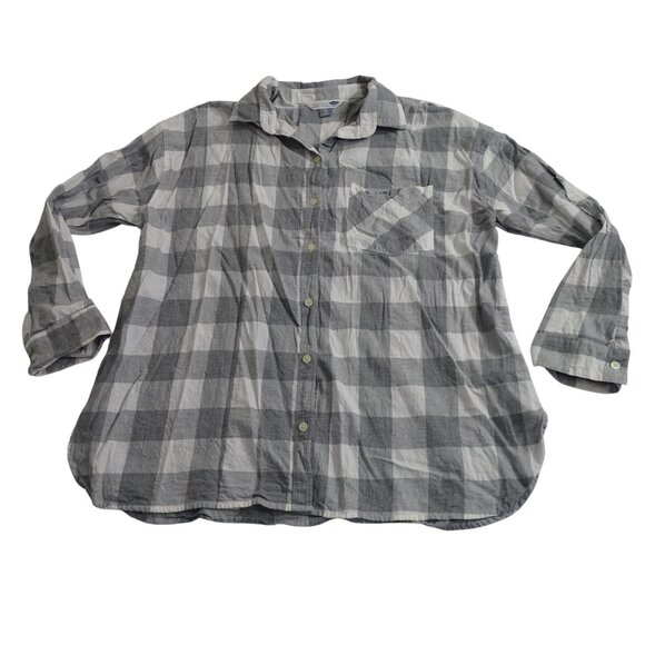 Old Navy Boyfriend Loose Fit Button Up Shirt Women Size XL White Grey Plaid - Picture 1 of 12